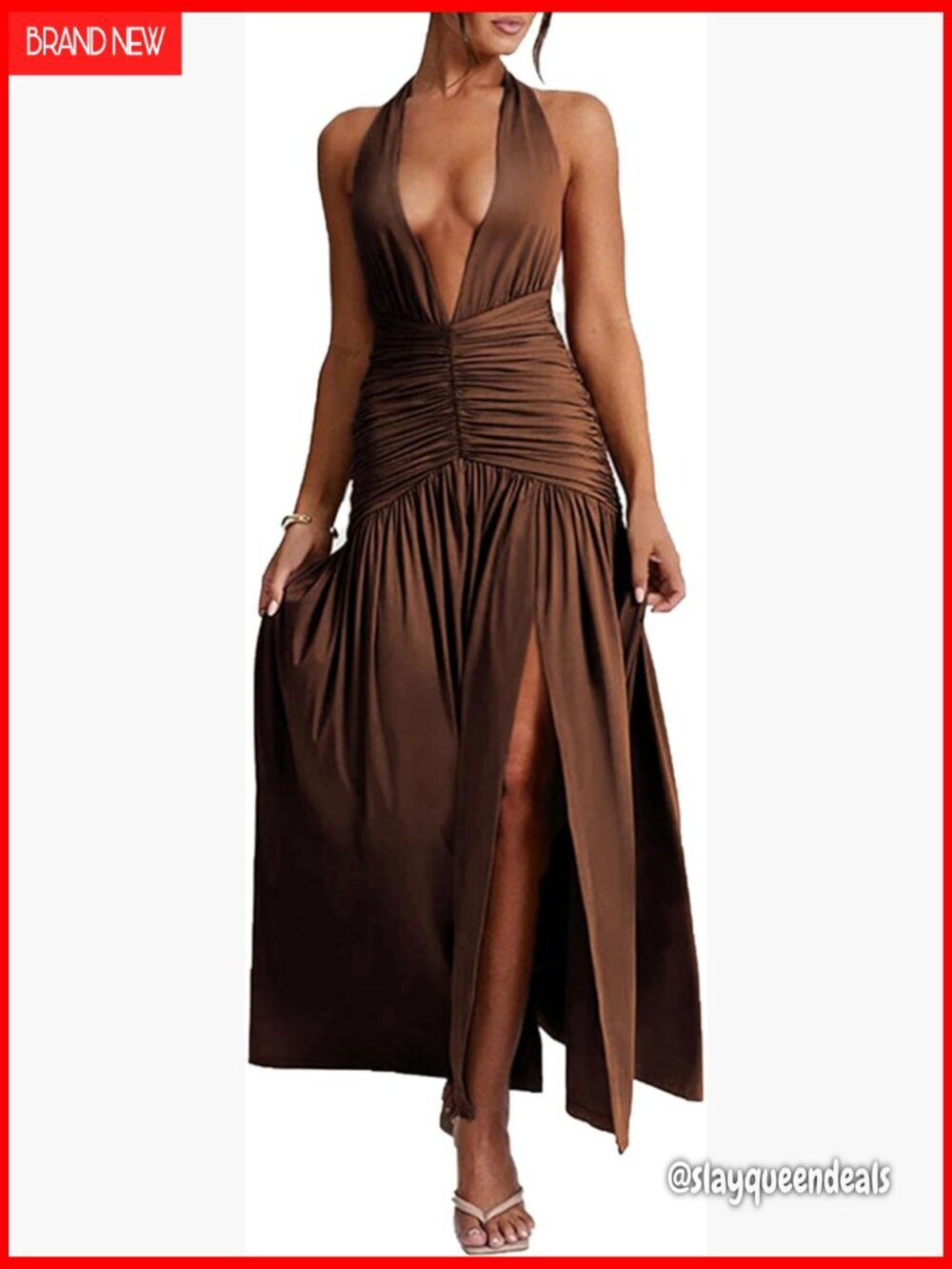 Sexy Halter Maxi Dress Deep V Neck Backless High Slit Ruched Formal